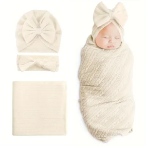 3 Piece Newborn Essentials Set: Swaddle Blankets, Hat, and Bow Headband