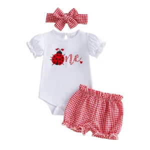 Baby Girl Summer Outfit Top and Ruffled Shorts Set with Matching Headband