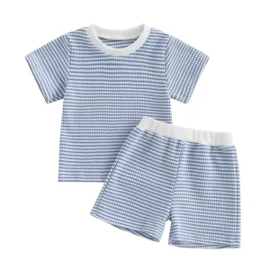 Adorable Baby Boy Summer Ensemble Striped Tee with Elastic Waist Shorts