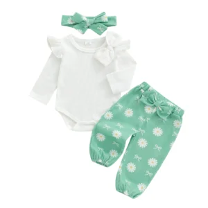 Precious Baby Girls 3 Piece Outfit with Romper, Pants and matching Headband