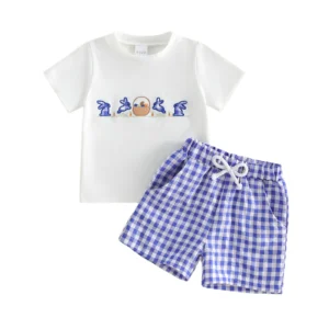 Adorable Infant Easter Outfit with Bunny Embroidery and Plaid Shorts