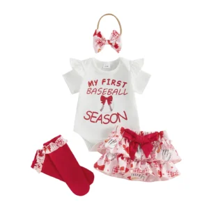 4 Pcs Adorable Baby Girl Summer Outfit with Baseball Romper, Ruffled Skirt, Stockings and Bow Headband