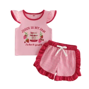 Adorable Infant Girls Summer Outfit with Cute Strawberry Embroidered Flutter Sleeve Blouse and Ruffled Plaid Shorts