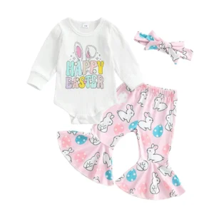 Adorable Baby Girl Easter Outfit with Cute Bunny Print Long Sleeve Romper, Flare Pants and Matching Headband