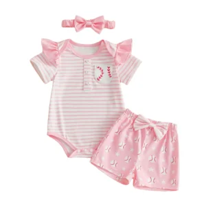 3Pcs Baby Girl Ruffle Short Sleeve Baseball Print Romper, Shorts and Headband Outfit