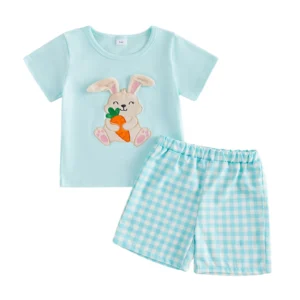 Baby Boys Easter Outfit Set with Short Sleeve Bunny Embroidery Top and Plaid Shorts