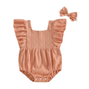 Adorable Baby Girl Summer Outfit Stylish Solid Color Romper with Ruffled Trim Flutter Sleeves and Matching Bow Headband