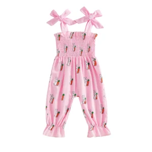Adorable Baby Girls Sweet Bunny Print Square Neck Smocked Jumpsuit for Easter