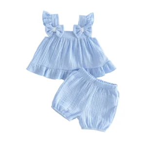 Adorable 2 Pcs Baby Girl Summer Outfits Cute Ruffle Sleeve Square Neck Top & Shorts