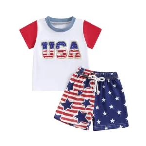 Independence Day Toddler Boy Outfit Patriotic Letter Embroidery Tee and Star Pattern Shorts Set for Summer Celebrations!