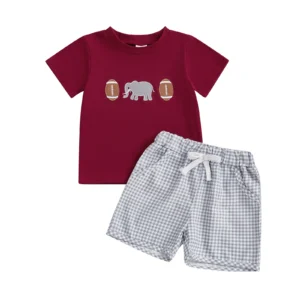 Boys Summer Outfit Set  With Elephant Embroidery Top and Plaid Shorts for Toddlers