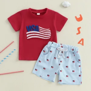 Celebrate in all-American style with this adorable Baby Boys Patriotic Outfit Set! 🇺🇸✨

This charming two-piece set features a soft short sleeve T-shirt with flag embroidery, perfectly paired with elastic waist striped shorts for a classic patriotic look. Designed for comfort and style, the