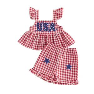 Celebrate Independence Day in the cutest way with this Toddler Girls 4th of July Outfit Set! 

This stylish two-piece set features an adorable American flag print ruffle sleeve top paired with classic denim shorts, creating the perfect mix of patriotic charm and everyday comfort. The soft, breathabl