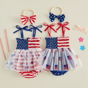 Baby Girl 4th of July Sleeveless Romper Dress with Star and Stripe Print Tie up Shoulder Strap and Matching Headband