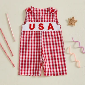 Infant Boys Rompers 4th of July Outfits American Flag Print Sleeveless Overalls Bodysuits Jumpsuits Patriotic Independence Day