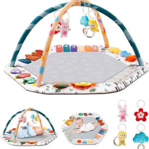 Baby Play Gym Mat with 6 Development Zones Tummy Time Activity Pad with 4 Detachable Sensory Toys for Infant Motor Skill Develop