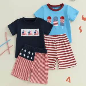 Boys Patriotic 4th of July Set with American Flag Tee and Striped Shorts - Summer Outfit for Toddlers