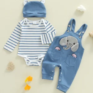Infant Boys 3-Piece Clothing Set with Striped Romper Elephant Embroidery Suspender Pants and Matching Hat for a Stylish Look