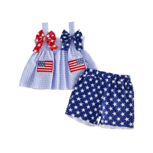 Adorable patriotic outfit featuring a gingham bows top ! So cute, For Memorial Day or Fourth Of July!