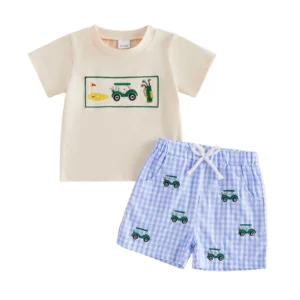 2 Pcs Boys Summer Outfits with Cute Animal Embroidery Short Sleeve T-Shirt and Plaid Shorts