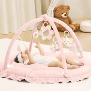 5-in-1 Baby Play Gym Mat with Reversible Tummy Time Pad and 5 Sensory Toys