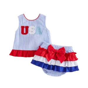 Independence Day Toddler Outfit Set with Sleeveless Stripes Print Top and Ruffle Skirt Shorts - Baby Girl Memorial Day &  4th of July Clothes