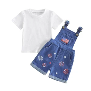 Toddler Patriotic Memorial Day or 4th of July Outfit Short Sleeve Top and American Flag Print Denim Shorts Set 2 Piece Clothing for Toddlers!